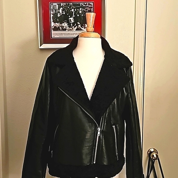 Black Faux  Leather Aviator Jacket - Picture 1 of 2